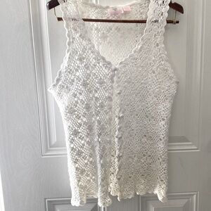 Dana scott women’s medium white crochet lace sleeveless cardigan vest / gilet